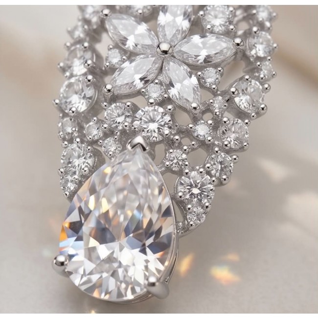 Veronica - Precious 35.5 carta White Topaz rhodium over .925 Sterling Silver .925 Sterling Silver Statement earrings - Close-up of Veronica White Topaz pendant with floral diamond accents.