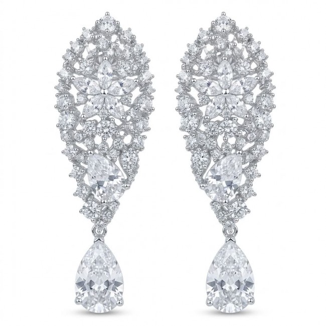 Veronica - Precious 35.5 carta White Topaz rhodium over .925 Sterling Silver .925 Sterling Silver Statement earrings - Front view of intricate white topaz earrings with pear-shaped drops