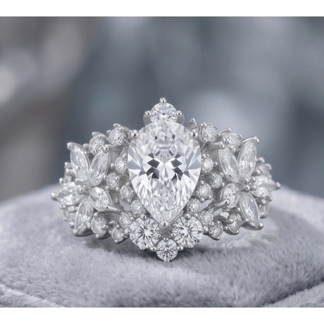 Veronica - Precious 12.5 carta White Topaz rhodium over .925 Silver Statement ring size 6 - Close-up of Veronica ring with pear-shaped white topaz and floral design.