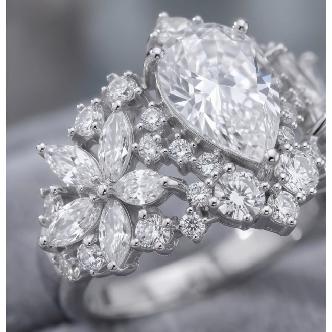 Veronica - Precious 12.5 carta White Topaz rhodium over .925 Silver Statement ring size 6 - Close-up of a white topaz ring with floral design and rhodium finish.