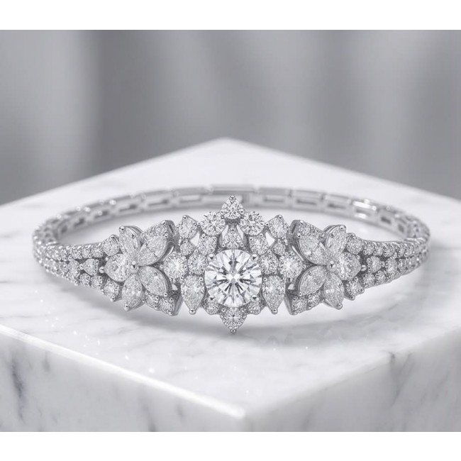 Veronica - Precious 20.7 carta White Topaz rhodium over .925 Sterling Silver .925 Sterling Silver Statement bracelet - Exquisite rhodium bracelet with white topaz, showcased on marble slab.