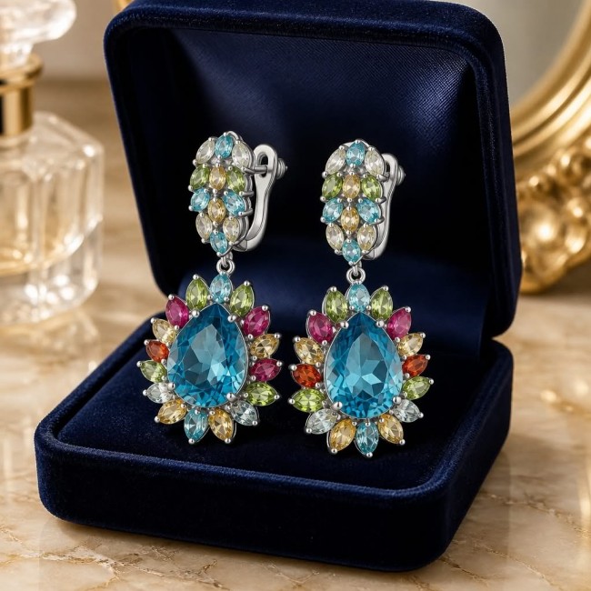 Atlantica 33.7 carat Swiss Blue Topaz .925 Sterling Silver dipped in rhodium Handcrafted Statement earrings - Atlantica Swiss Blue Topaz earrings in a box, front view.