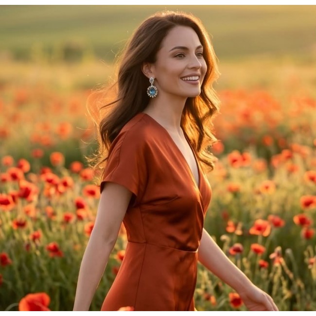Atlantica 33.7 carat Swiss Blue Topaz .925 Sterling Silver dipped in rhodium Handcrafted Statement earrings - Woman wearing Atlantica Swiss Blue Topaz earrings in a poppy field