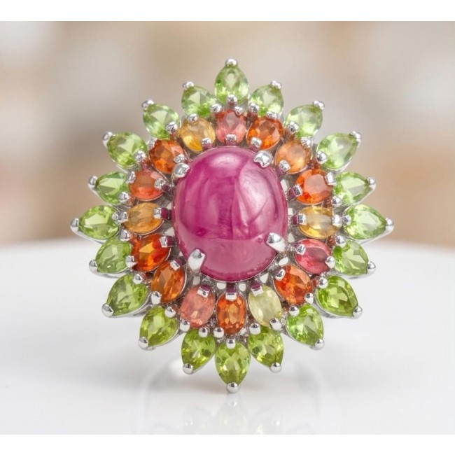 Giovanna Natural 29.4 carat Ruby .925 Sterling Silver dipped in rhodium handmade Large Statement Ring size 7 - Ruby ring stone close-up with green and orange accents.