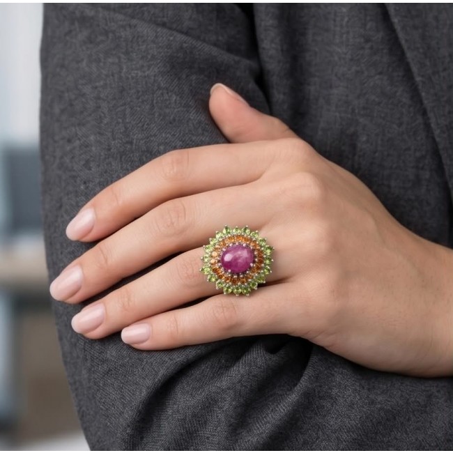Giovanna Natural 29.4 carat Ruby .925 Sterling Silver dipped in rhodium handmade Large Statement Ring size 7 - Ruby ring on hand, showcasing stone and intricate setting.