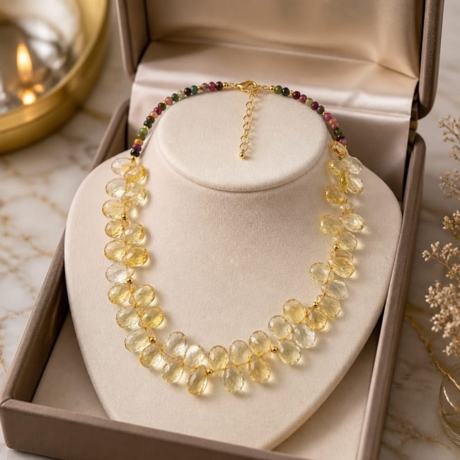 Francesca - briolette cut 45.2 carat Natural Brazilian Citrine Amethyst TOURMALINE .925 Sterling Silver dipped in 14K Gold handcrafted necklace - Necklace displayed in box, showcasing briolette cut gemstones