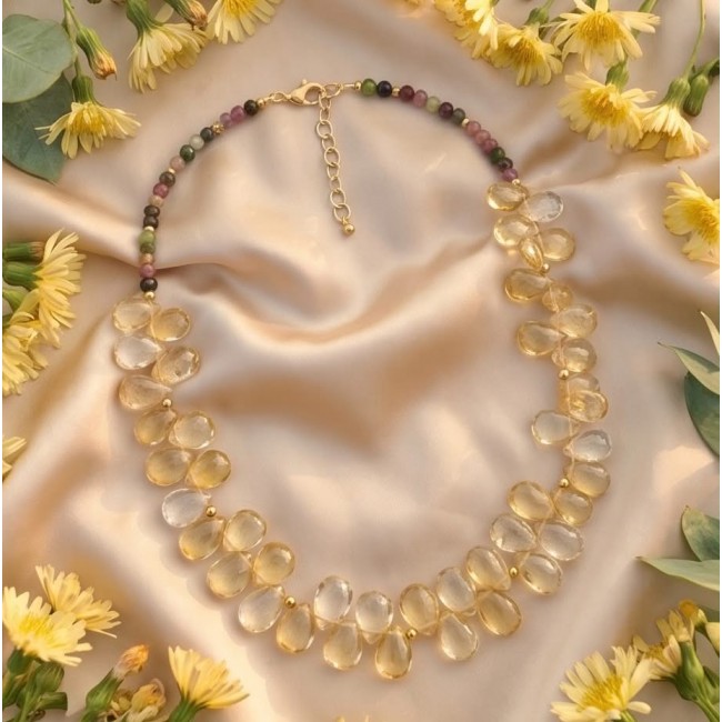 Francesca - briolette cut 45.2 carat Natural Brazilian Citrine Amethyst TOURMALINE .925 Sterling Silver dipped in 14K Gold handcrafted necklace - Necklace on satin with flowers, front view, Francesca, 45.2 ct Brazilian Citrine