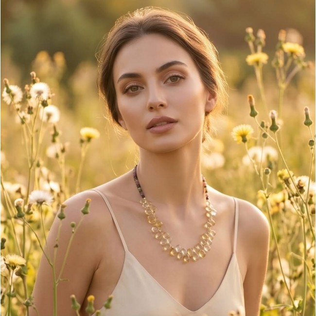 Francesca - briolette cut 45.2 carat Natural Brazilian Citrine Amethyst TOURMALINE .925 Sterling Silver dipped in 14K Gold handcrafted necklace - Woman wearing Francesca necklace in a field of flowers, front view.