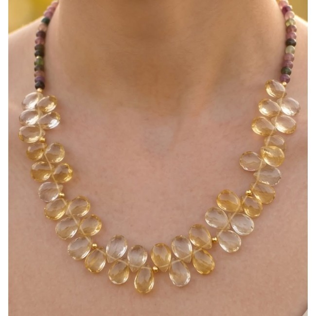 Francesca - briolette cut 45.2 carat Natural Brazilian Citrine Amethyst TOURMALINE .925 Sterling Silver dipped in 14K Gold handcrafted necklace - Worn necklace close-up of briolette cut Brazilian Citrine stones.