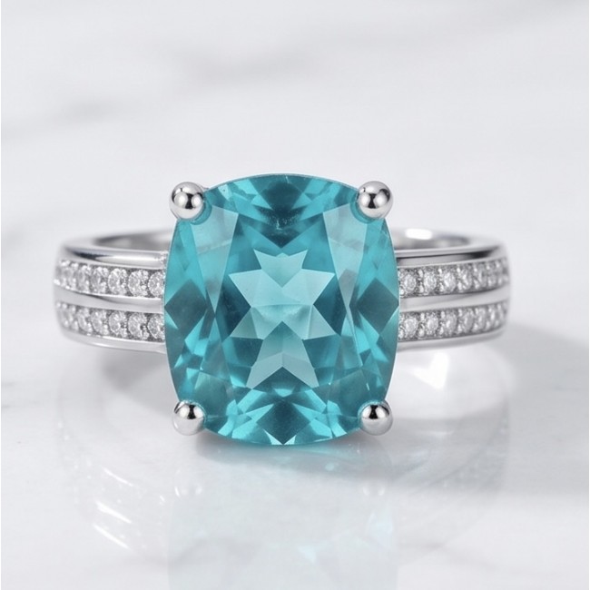 Eau Pure 8.2 carat Paraiba Tourmaline .925 Sterling Silver Handcrafted Ring size 8 adjustable - Paraiba Tourmaline ring close-up, 8.2 carat, sterling silver setting.