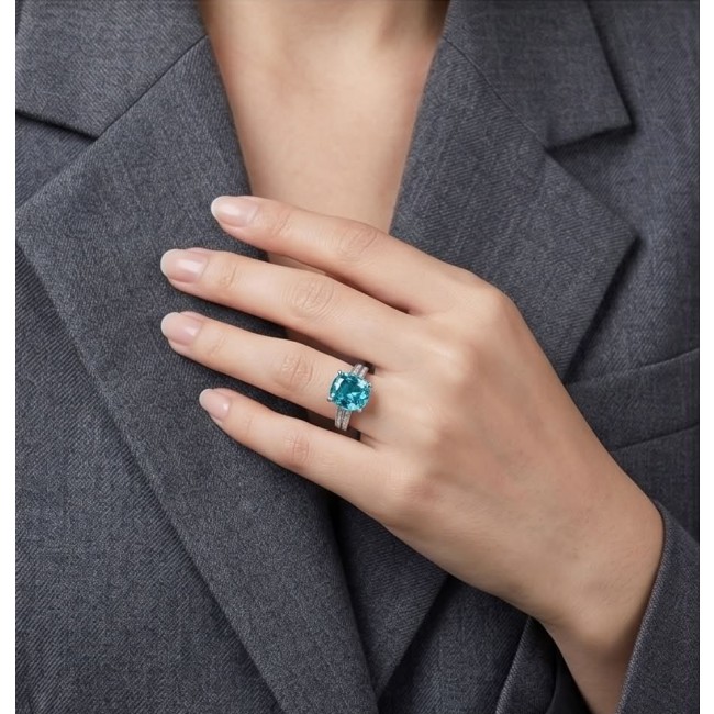 Eau Pure 8.2 carat Paraiba Tourmaline .925 Sterling Silver Handcrafted Ring size 8 adjustable - Paraiba tourmaline ring on hand, showcasing 8.2 carat stone.