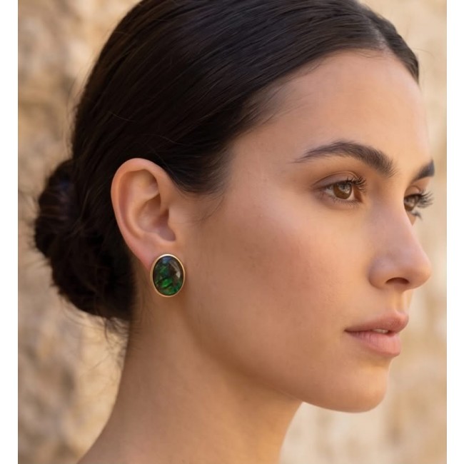 Sublime Aura Canadian Fire Ammolite 14K Gold over .925 Sterling Silver handmade earrings - Side view of Sublime Aura Ammolite earring in 14K Gold over .925 Silver.