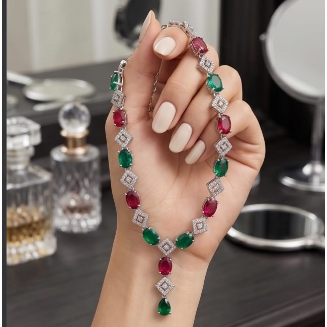 Francesca - Luxurious natural 19.8 carat Ruby Emerald .925 Sterling Silver handmade Statement necklace - Hand holding Francesca necklace with rubies and emeralds, elegant display