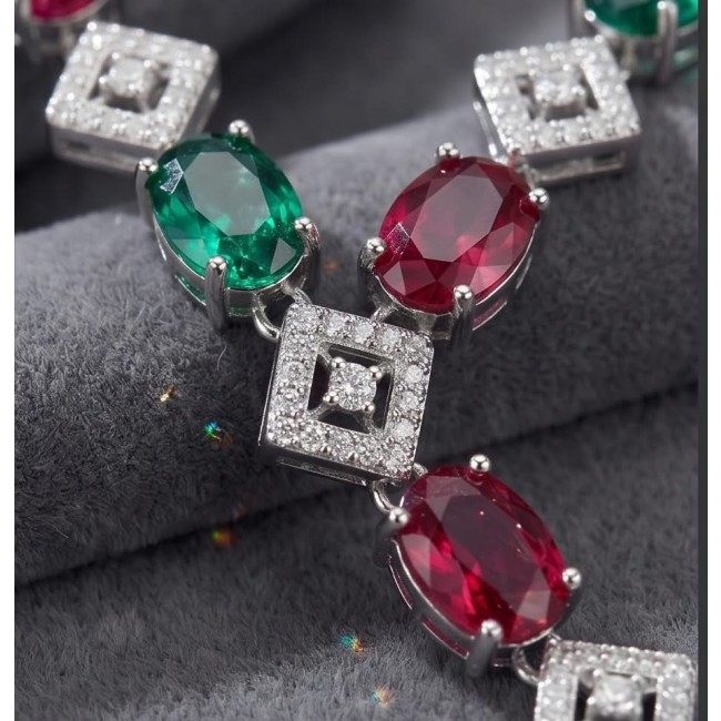 Francesca - Luxurious natural 19.8 carat Ruby Emerald .925 Sterling Silver handmade Statement necklace - Close-up of Francesca bracelet with ruby, emerald, and diamond accents.