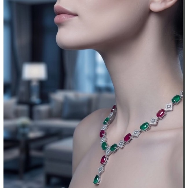 Francesca - Luxurious natural 19.8 carat Ruby Emerald .925 Sterling Silver handmade Statement necklace - Side view of Francesca necklace with rubies and emeralds worn on neck.