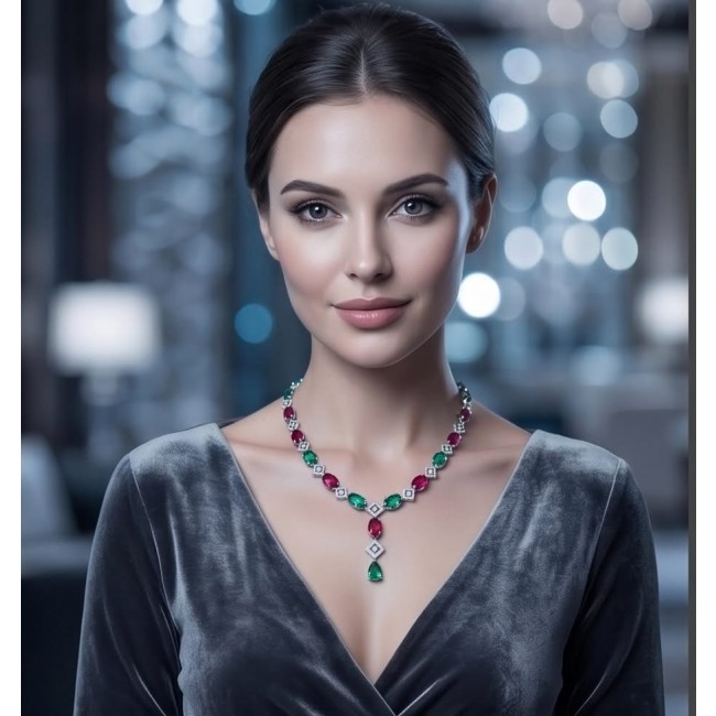 Francesca - Luxurious natural 19.8 carat Ruby Emerald .925 Sterling Silver handmade Statement necklace - Elegant woman wearing Francesca ruby and emerald necklace frontal view