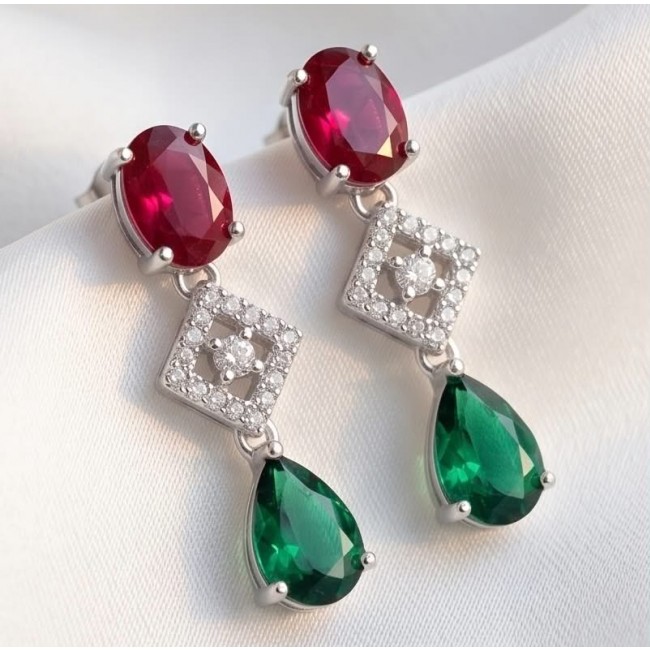 Francesca - Luxurious natural 19.8 carat Ruby Emerald .925 Sterling Silver handmade Statement Earrings - Close-up of ruby and emerald drop earrings with diamond accents.