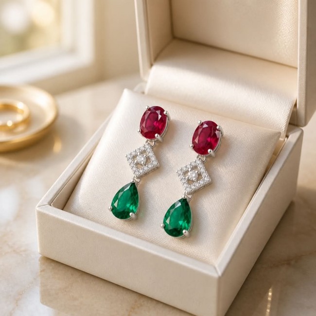 Francesca - Luxurious natural 19.8 carat Ruby Emerald .925 Sterling Silver handmade Statement Earrings - Elegant earrings with rubies and emeralds in cushioned display box.