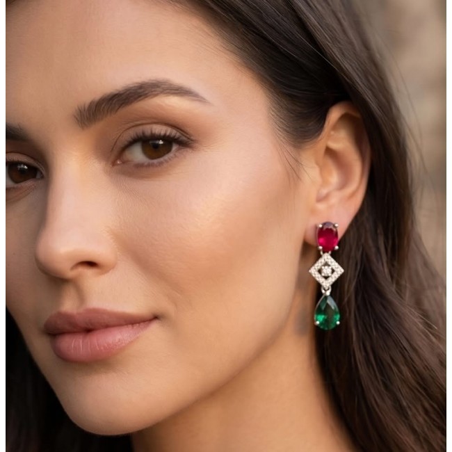 Francesca - Luxurious natural 19.8 carat Ruby Emerald .925 Sterling Silver handmade Statement Earrings - Woman wearing Francesca Ruby Emerald earrings, close-up side view.