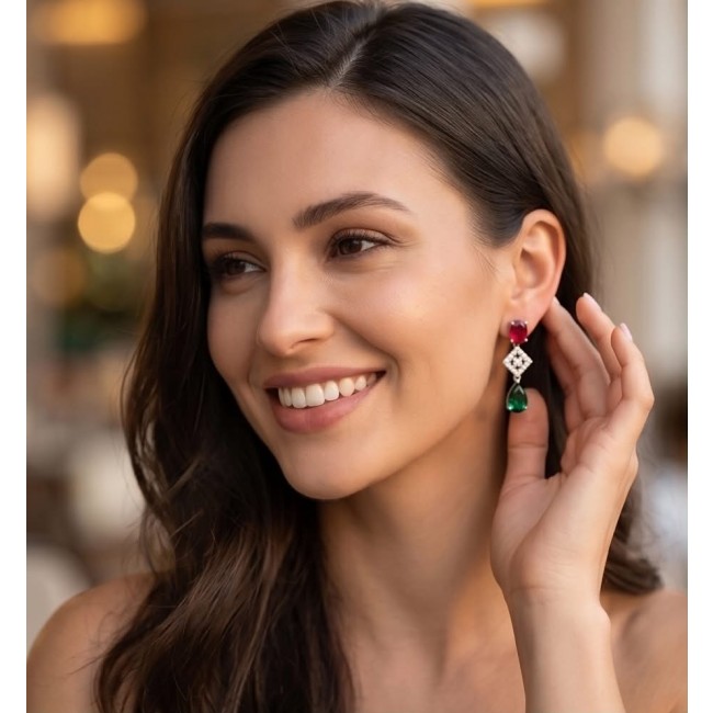 Francesca - Luxurious natural 19.8 carat Ruby Emerald .925 Sterling Silver handmade Statement Earrings - Woman wearing Francesca 19.8 carat ruby emerald earrings, side view.