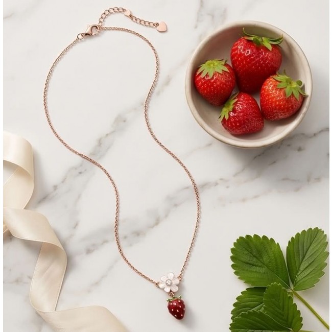Strawberry - Enamel 14K Rose Gold over .925 Sterling Silver .925 Sterling Silver Necklace - Strawberry enamel necklace on marble with fresh strawberries, top view.