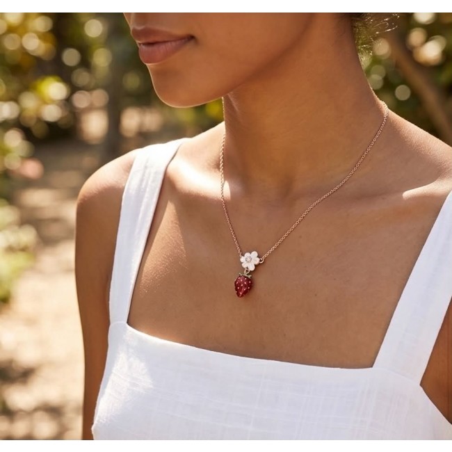 Strawberry - Enamel 14K Rose Gold over .925 Sterling Silver .925 Sterling Silver Necklace - Necklace with strawberry pendant worn on model, close-up view.
