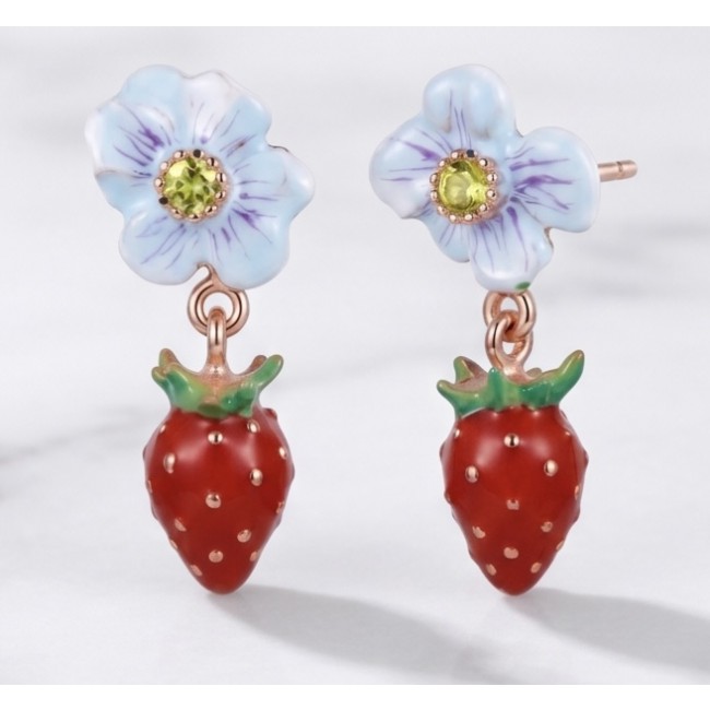Strawberry - Enamel 14K Rose Gold over .925 Sterling Silver .925 Sterling Silver Earrings - Floral and strawberry earrings, front view, 14K rose gold over silver