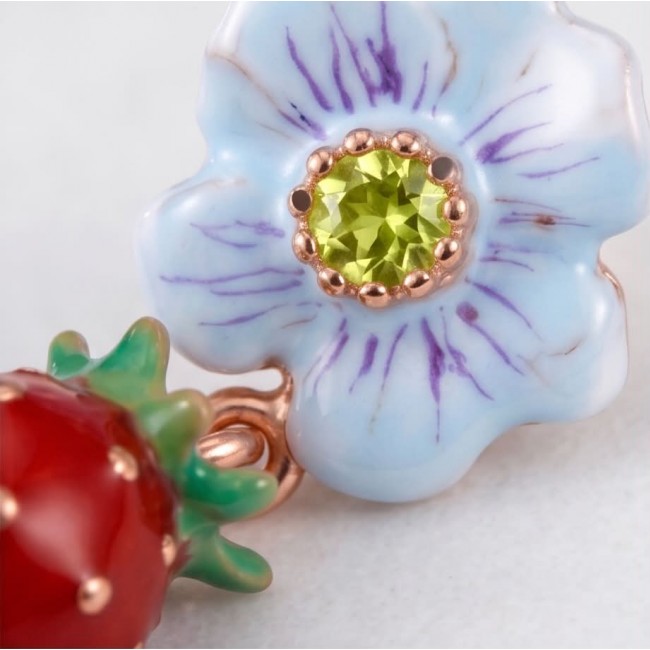 Strawberry - Enamel 14K Rose Gold over .925 Sterling Silver .925 Sterling Silver Earrings - Close-up of flower and strawberry enamel detail in rose gold.