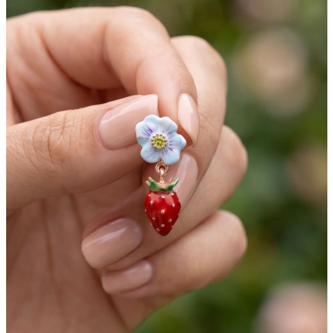 Strawberry - Enamel 14K Rose Gold over .925 Sterling Silver .925 Sterling Silver Earrings - Close-up of strawberry and flower enamel earring held in hand.
