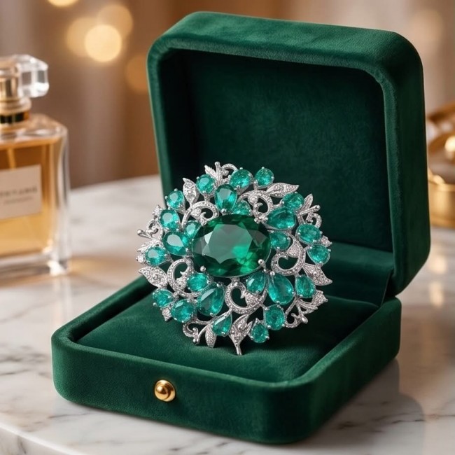 An Large 55.8 carat Vintage style Chrom Diopside from Eastern Siberia .925 Sterling Silver DIPPED IN RHODIUM handmade LARGE Pendant - Brooch - Vintage chrom diopside brooch in box, top view, intricate silver design.