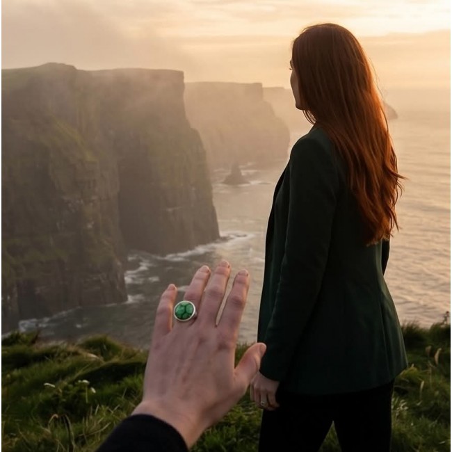 Green Copper Turquoise .925 Sterling Silver ring; s. 9 - Green Copper Turquoise ring worn on hand, cliffs in the background.