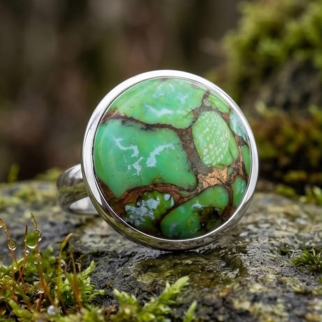 Green Copper Turquoise .925 Sterling Silver ring; s. 9 - Green Copper Turquoise sterling silver ring close-up on mossy rock