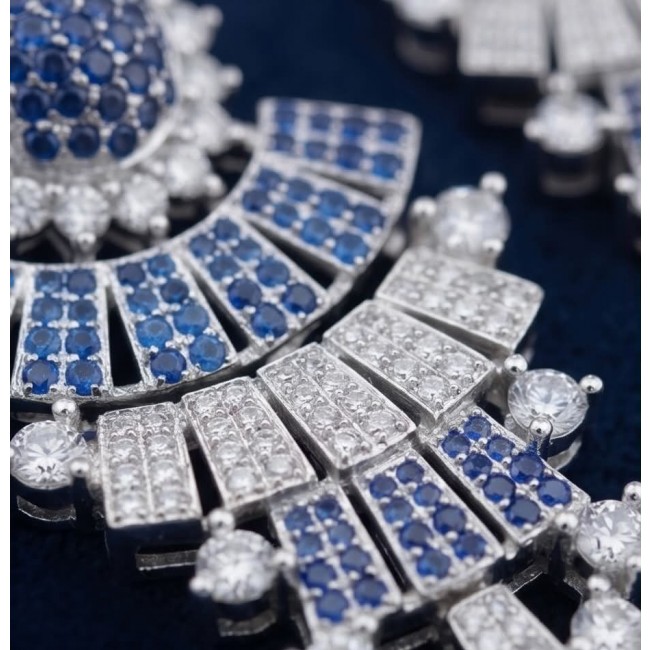 Authentic 4.7 carat Sapphire Rhodium over .925 Sterling Silver handcrafted Statement earrings - Close-up of sapphire and diamond sterling silver jewelry piece.