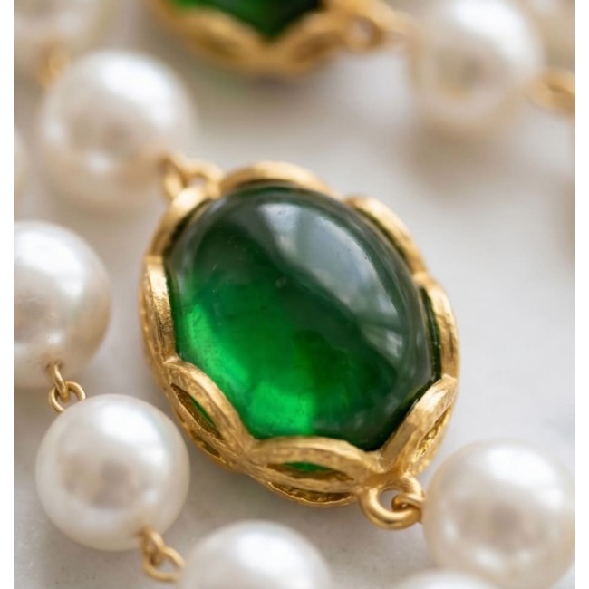 Incredible 48 inches long Freshwater Pearl 10K Gold over .925 Sterling Silver handmade Necklace - Close-up of green stone in gold setting with freshwater pearls