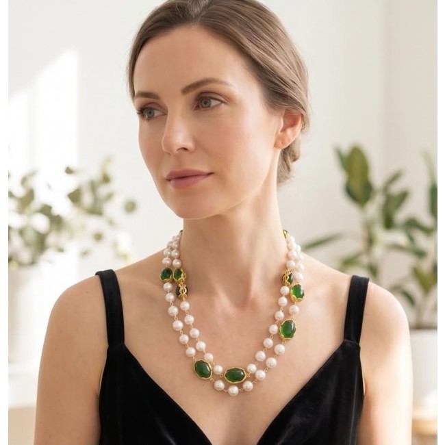 Incredible 48 inches long Freshwater Pearl 10K Gold over .925 Sterling Silver handmade Necklace - Side view of woman wearing freshwater pearl and gold necklace.
