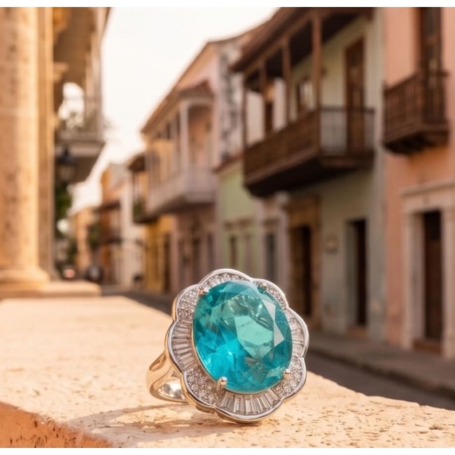 ART DECO Deep Blue 22.8 carat Paraiba Tourmaline .925 Sterling Silver handcrafted ring size 6 - Close-up of a Paraiba Tourmaline ring on a stone ledge in a scenic street.