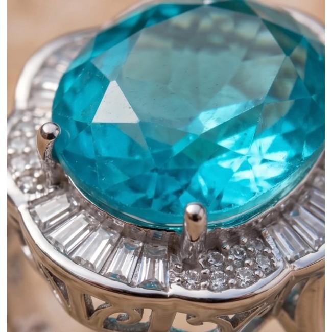 ART DECO Deep Blue 22.8 carat Paraiba Tourmaline .925 Sterling Silver handcrafted ring size 6 - Close-up of ART DECO Paraiba Tourmaline ring with diamond accents.
