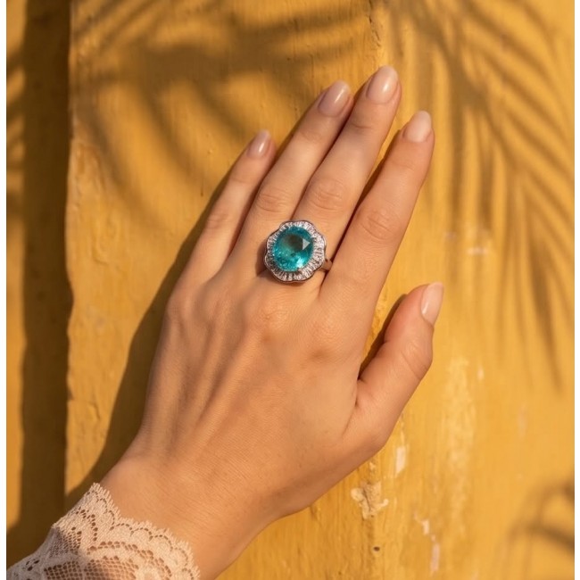 ART DECO Deep Blue 22.8 carat Paraiba Tourmaline .925 Sterling Silver handcrafted ring size 6 - Paraiba Tourmaline ring worn on hand, yellow background.