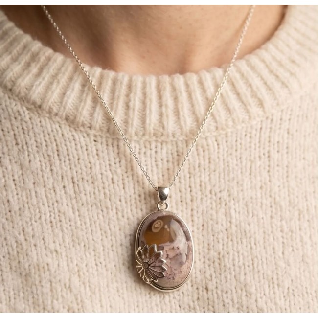 Bonefire night Natural 25.2 carat Mexican Fire Opal .925 Sterling Silver handmade Pendant - Pendant with Mexican Fire Opal on chain, worn on neck.
