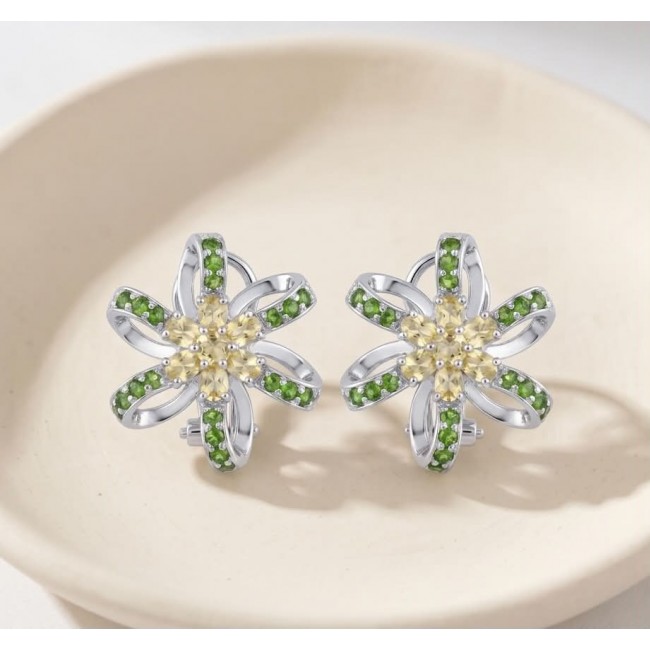 Wise Bliss Authentic 8.5 carat Chrome Diopside rhodium over .925 Sterling Silver handmade earrings - Chrome diopside earrings front view on a neutral dish.