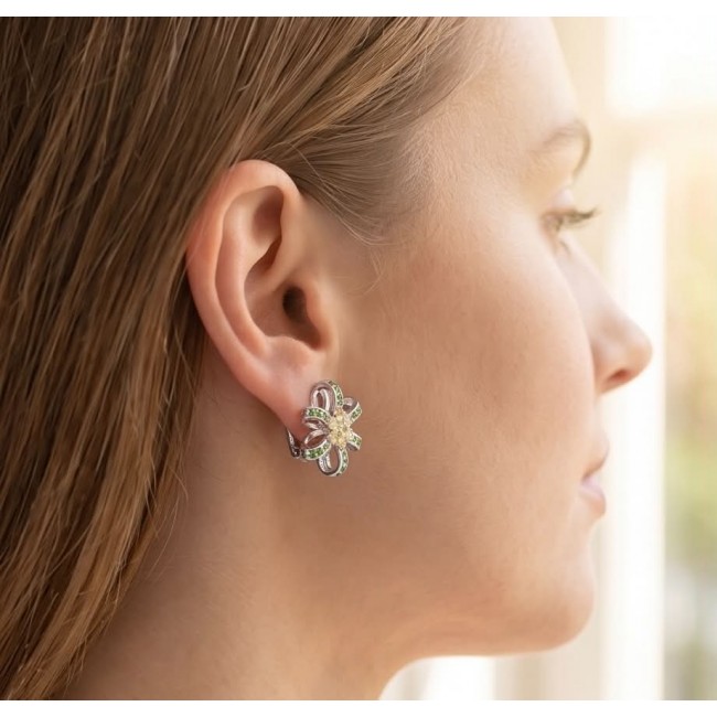 Wise Bliss Authentic 8.5 carat Chrome Diopside rhodium over .925 Sterling Silver handmade earrings - Side view of Wise Bliss 8.5 carat Chrome Diopside earrings worn.