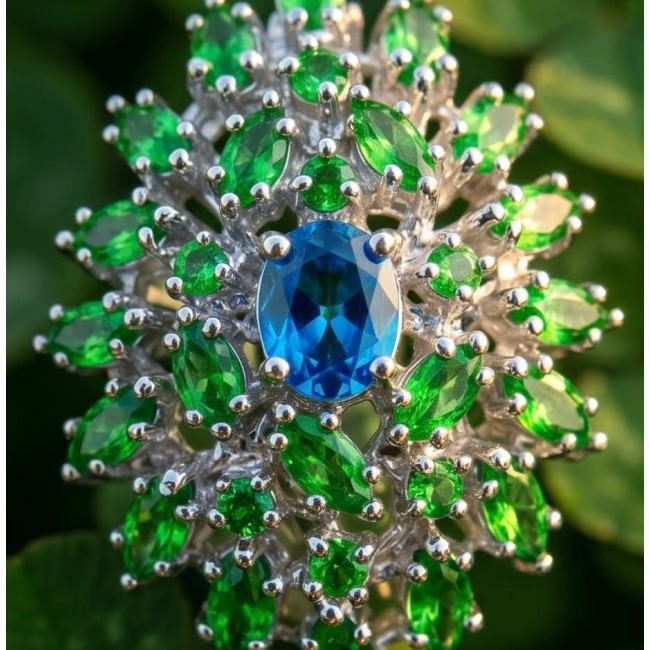 Fiammetta oval cut 4.2 carat Paraiba Tourmaline Tsavorite Garnet .925 Sterling Silver entirely handmade earrings - Close-up of Fiammetta jewelry with blue Paraiba and green Tsavorites.