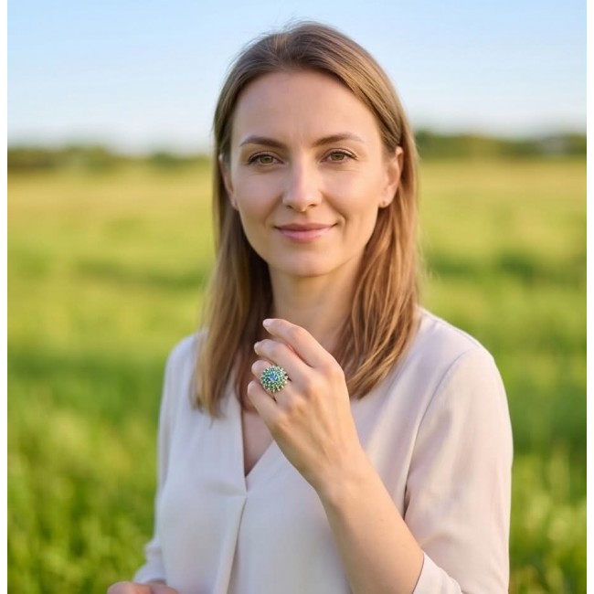 Fiammetta oval cut 2.2 carat Paraiba Tourmaline Tsavorite Garnet .925 Sterling Silver entirely handmade Ring size 8 - Woman wearing Fiammetta oval cut 2.2 carat Paraiba Tourmaline ring.