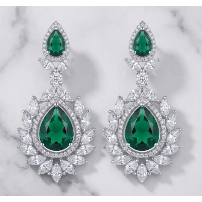 Magnificent Jewel 17.5 carat Emerald 14K white Gold over .925 Sterling Silver handcrafted earrings - Elegant earrings with emerald center stones and diamond accents, front view.