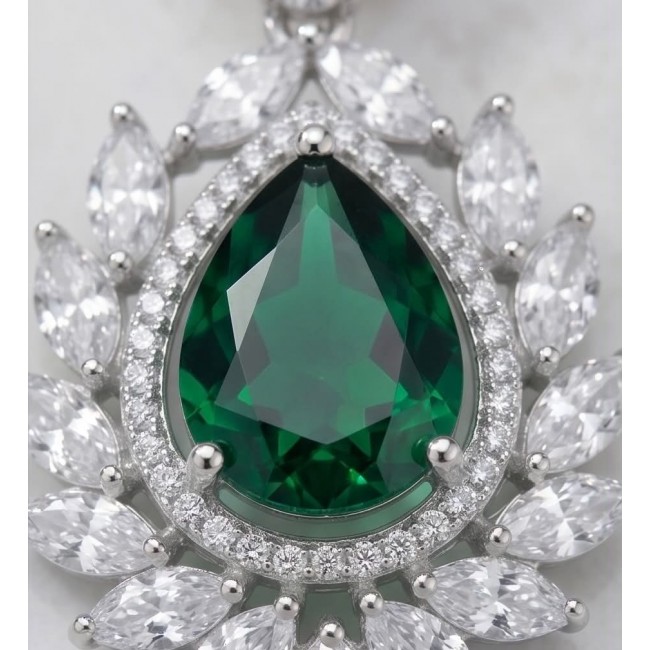 Magnificent Jewel 17.5 carat Emerald 14K white Gold over .925 Sterling Silver handcrafted earrings - Emerald stone close-up with diamond accents, 14K white gold setting.
