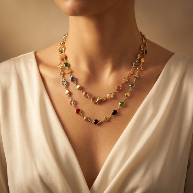 Tutti Frutti 14.5 carat Multigem 14K Gold over .925 Sterling Silver handcrafted Statement necklace - Two-tier multigem necklace worn on neck, front view.