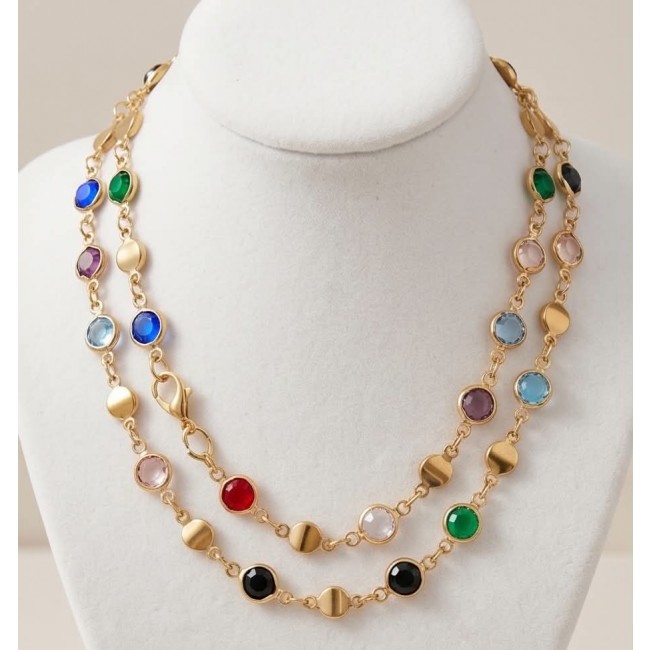 Tutti Frutti 14.5 carat Multigem 14K Gold over .925 Sterling Silver handcrafted Statement necklace - Multigem 14K gold necklace on display stand, front view.