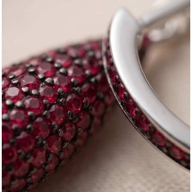 Giovanna Natural 20.2 carat Kasmir Ruby .925 Sterling Silver handcrafted Statement earrings - Close-up of Gio 20.2 ct Kashmir Ruby on .925 sterling silver clasp.