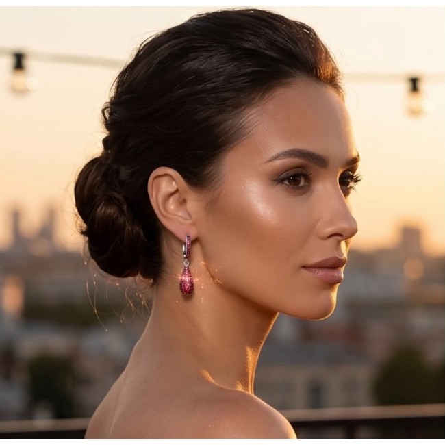 Giovanna Natural 20.2 carat Kasmir Ruby .925 Sterling Silver handcrafted Statement earrings - Side view of woman wearing 20.2 carat Kashmir Ruby earrings.