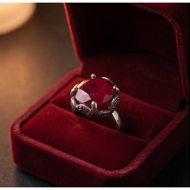 Carmen Natural 22.4 carat Ruby .925 Sterling Silver dipped in rhodium handmade Large Statement Ring size 10 - Close-up of Carmen Natural 22.4 carat ruby ring in red velvet box.